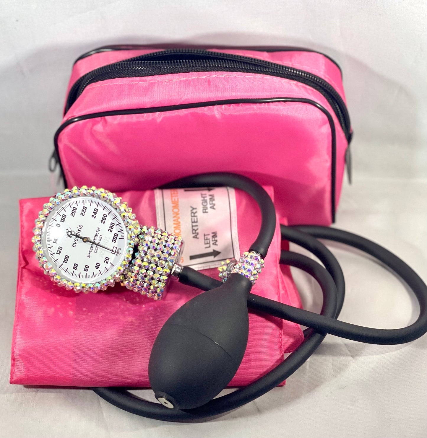 Handcrafted Iridescent Rhinestone Dixie EMS Deluxe Aneroid Sphygmomanometer Blood Pressure Set W/Adult Cuff, Carrying Case and Calibration Tool!