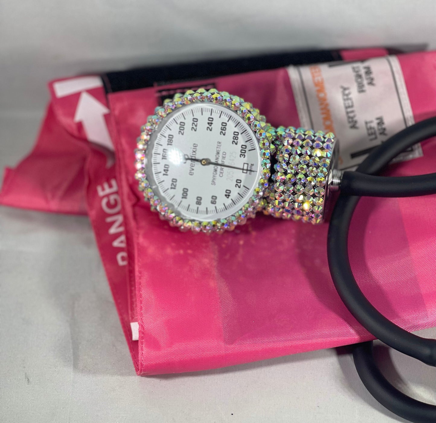 Handcrafted Iridescent Rhinestone Dixie EMS Deluxe Aneroid Sphygmomanometer up close photo