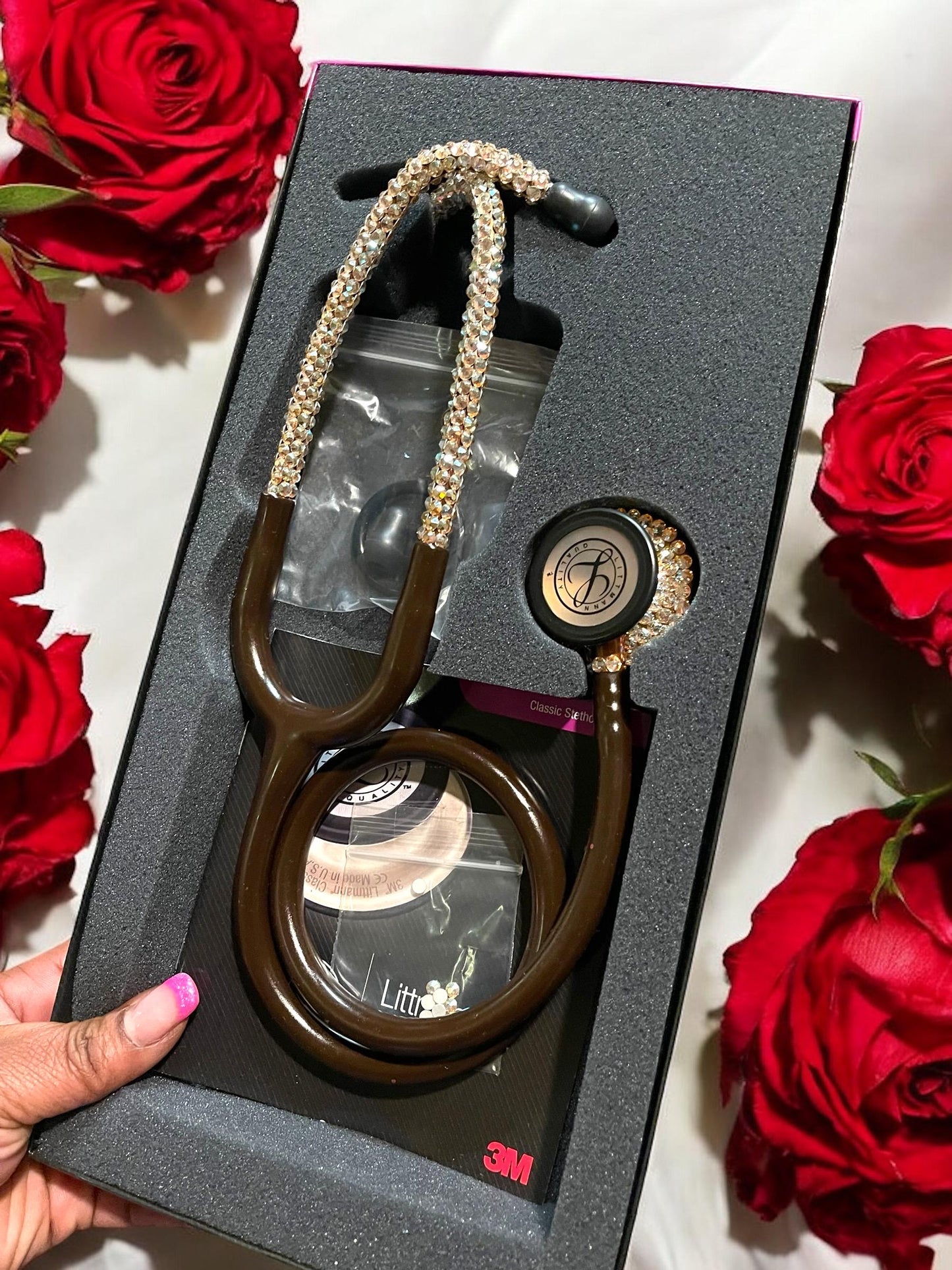 Chocolate Goddess Littmann Stethoscope, Elegant Bling Medical Device with Crystal Accents, Perfect Gift for Nurses & EMTs