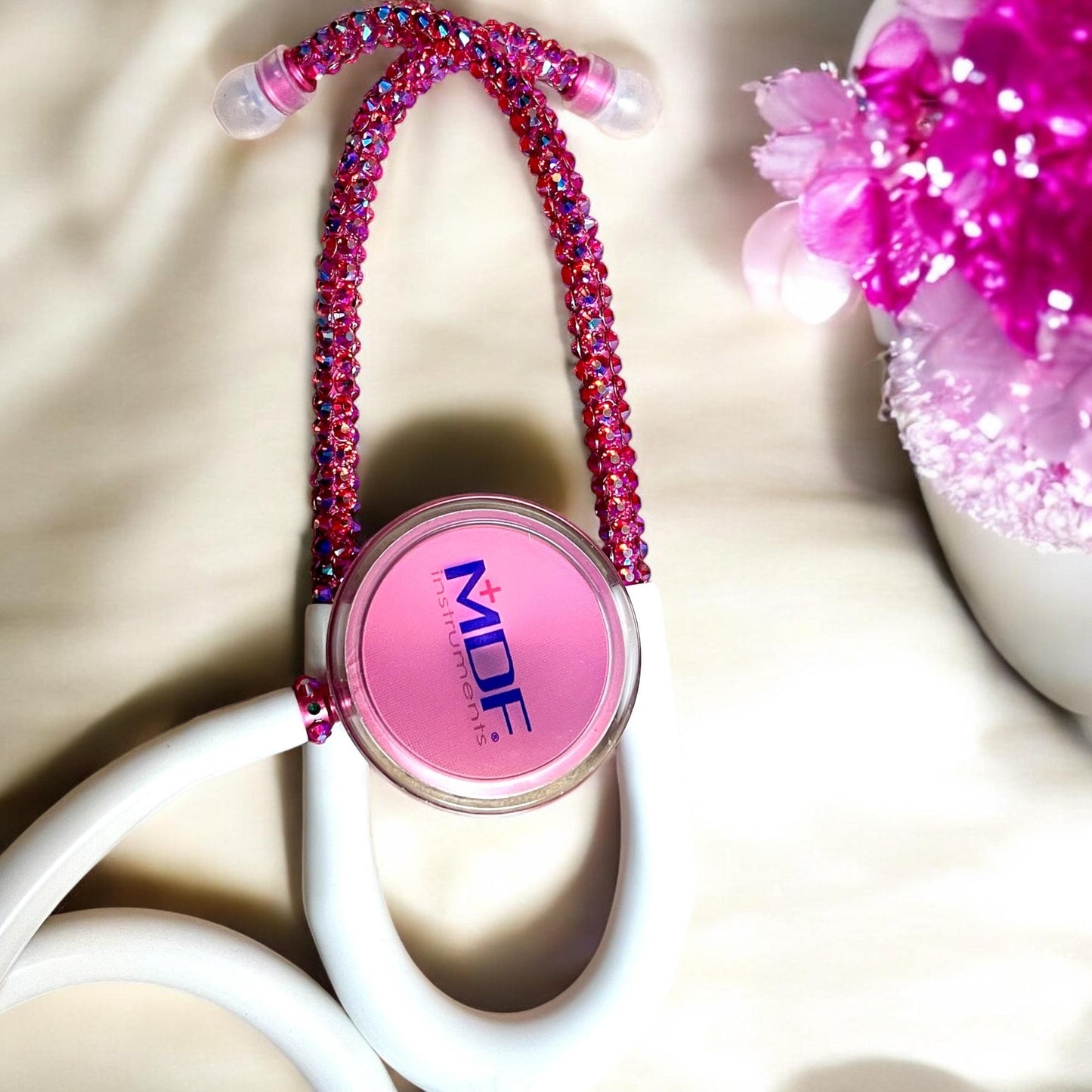 Bling Stethoscope Bundle – White MDF Acoustica with AB Rhinestones + Glitter Case | Nurse Gift Set, Custom Medical Accessory| Blingbykey