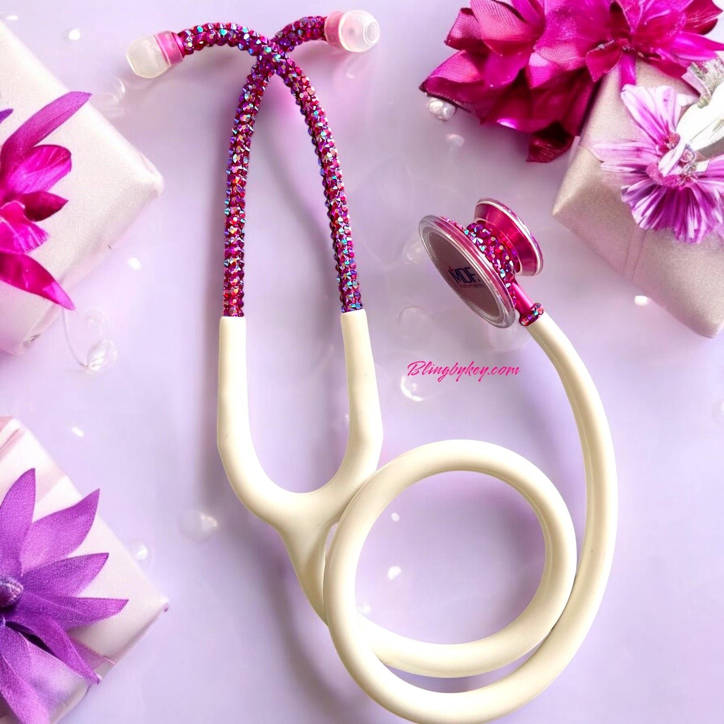 Bling Stethoscope Bundle – White MDF Acoustica with AB Rhinestones + Glitter Case | Nurse Gift Set, Custom Medical Accessory| Blingbykey