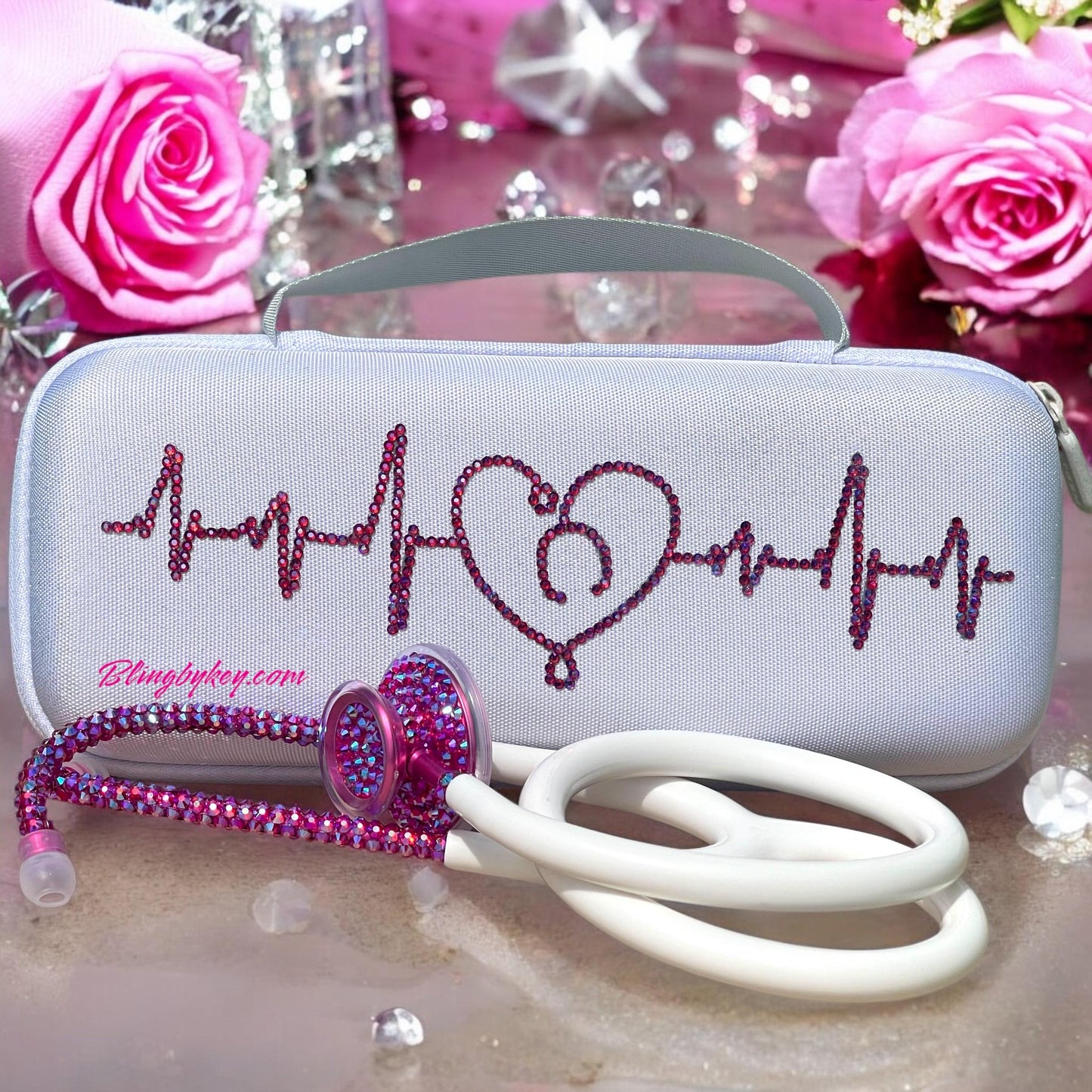 Bling Stethoscope Bundle – White MDF Acoustica with AB Rhinestones + Glitter Case | Nurse Gift Set, Custom Medical Accessory| Blingbykey