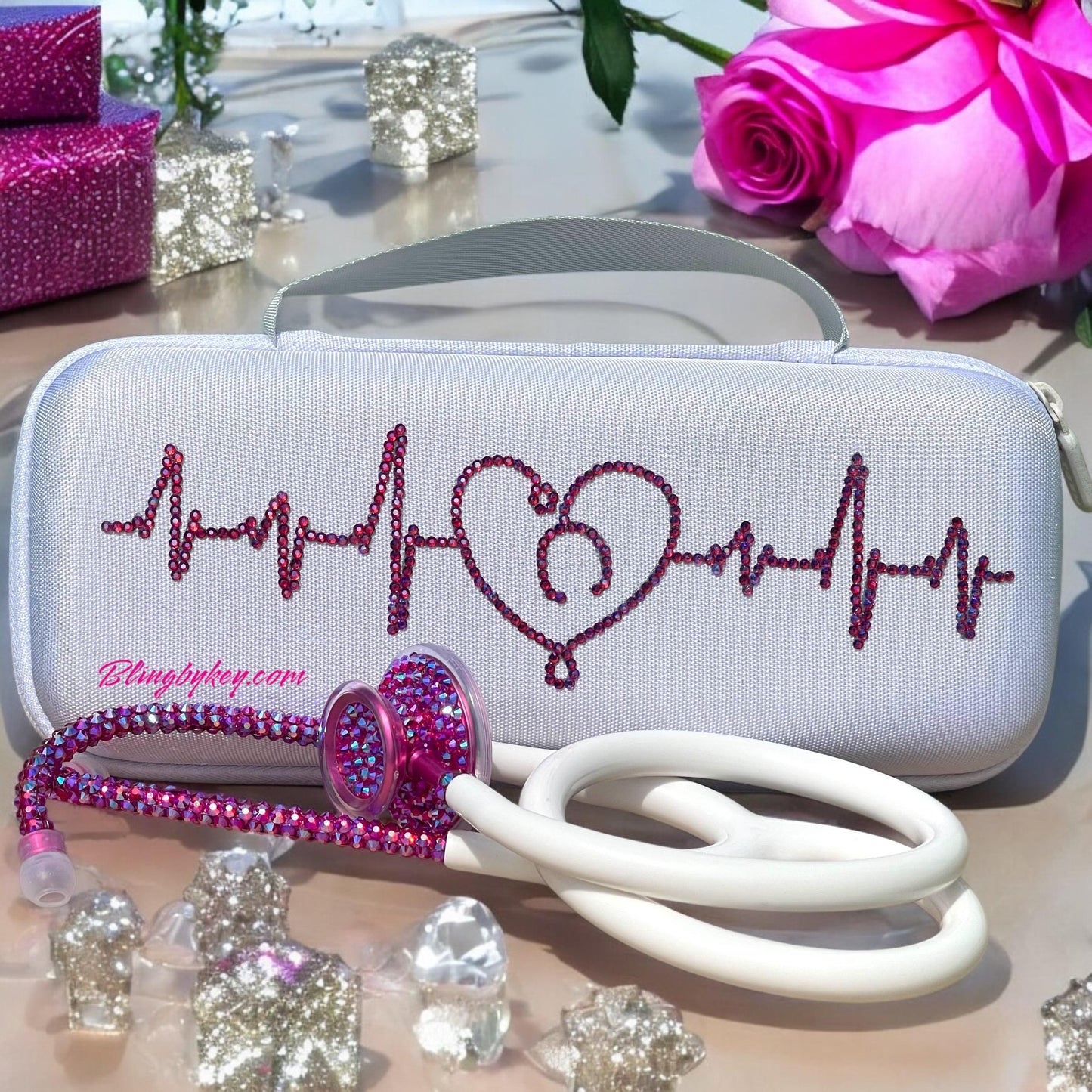 Bling Stethoscope Bundle – White MDF Acoustica with AB Rhinestones + Glitter Case | Nurse Gift Set, Custom Medical Accessory| Blingbykey