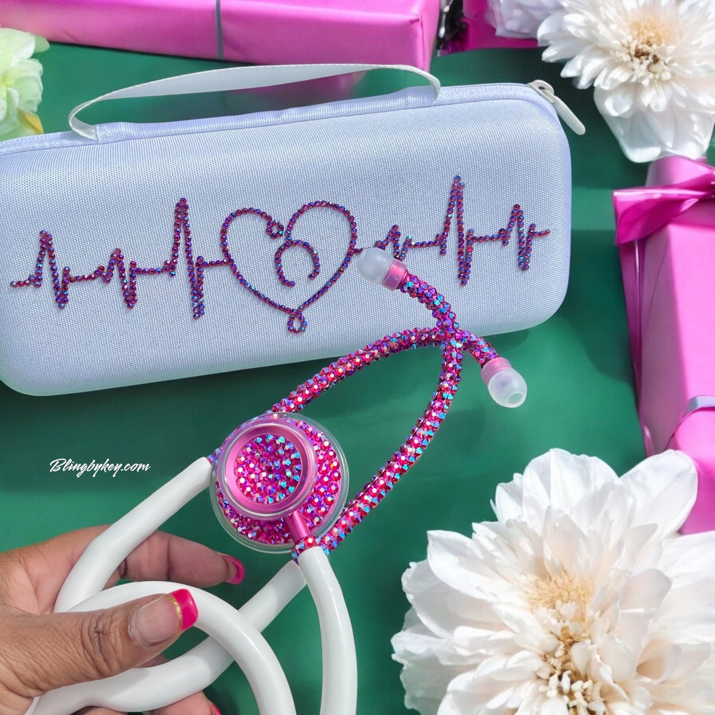 Bling Stethoscope Bundle – White MDF Acoustica with AB Rhinestones + Glitter Case | Nurse Gift Set, Custom Medical Accessory| Blingbykey