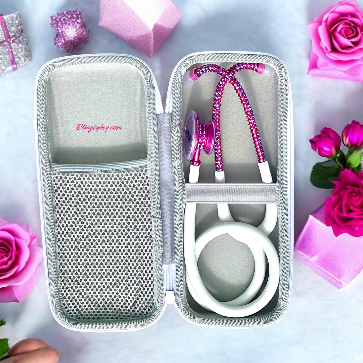 Bling Stethoscope Bundle – White MDF Acoustica with AB Rhinestones + Glitter Case | Nurse Gift Set, Custom Medical Accessory| Blingbykey