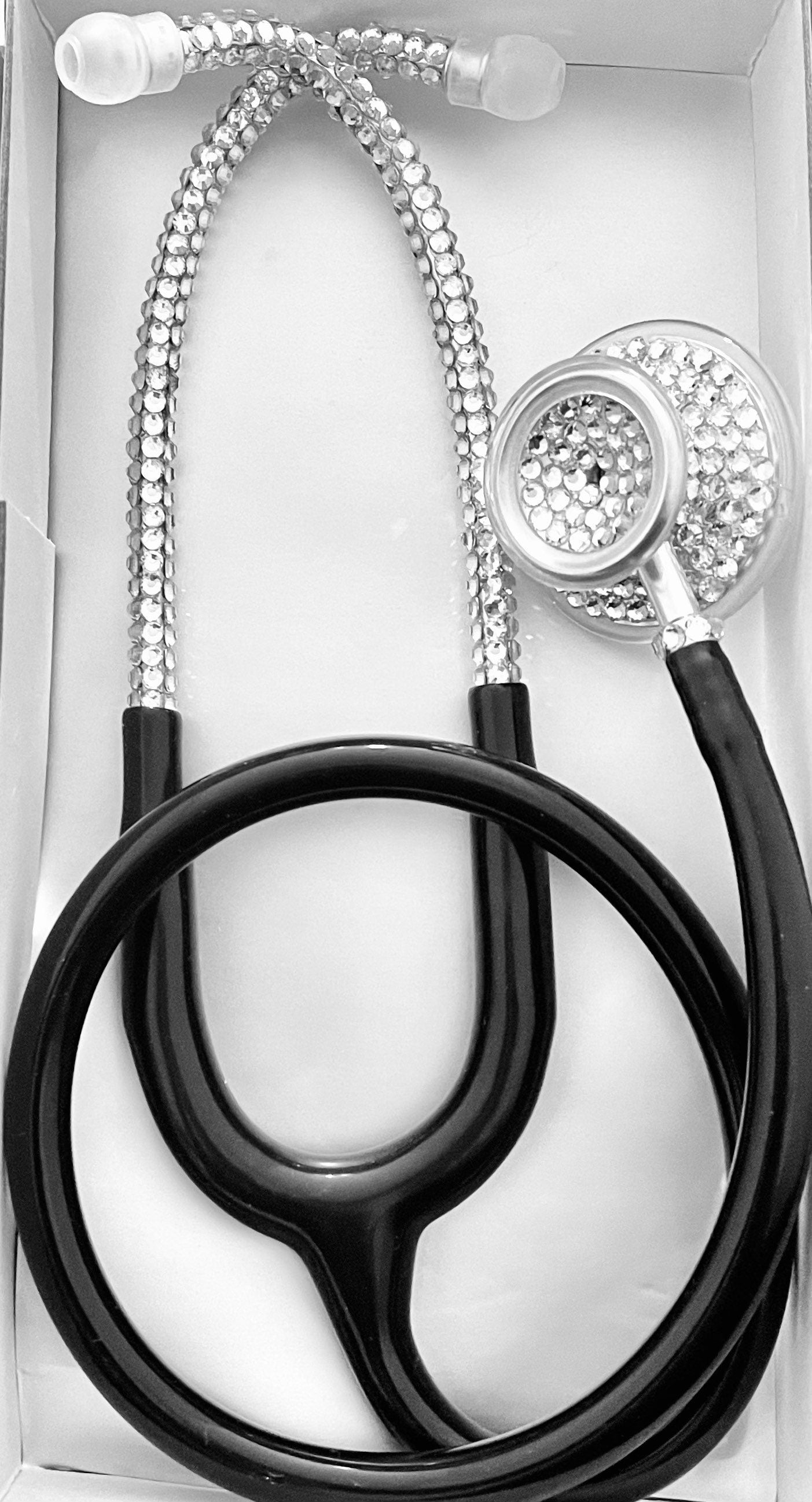 Black MDF Acoustica Bling Stethoscope Gift Set | Clear Rhinestones & Hard Case | BlingByKey®