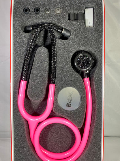 Prestige Medical Stethoscope, Model 121, Hot Pink color tubing, individually placed black rhinestones on the black finish chest piece and headset designed by Blingbykey. See other listings for custom protection hard case.