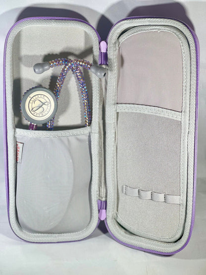 Stethoscope Case; Style B (mesh pockets, middle flap) External dimension: 11.2 x 4.56 x 2.64 in Internal dimension: 10.55 x 3.94 x 1.97 in Built-in three mesh pockets, 4 pen holders Middle divider flap  Hard Shell carrying case with carabiner
