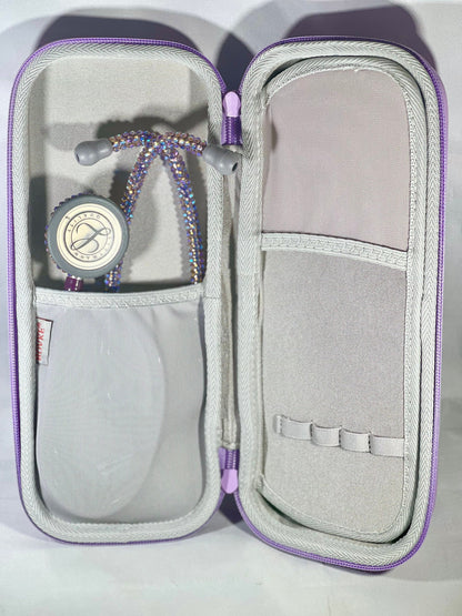 Stethoscope Case; Style B (mesh pockets, middle flap) External dimension: 11.2 x 4.56 x 2.64 in Internal dimension: 10.55 x 3.94 x 1.97 in Built-in three mesh pockets, 4 pen holders Middle divider flap  Hard Shell carrying case with carabiner