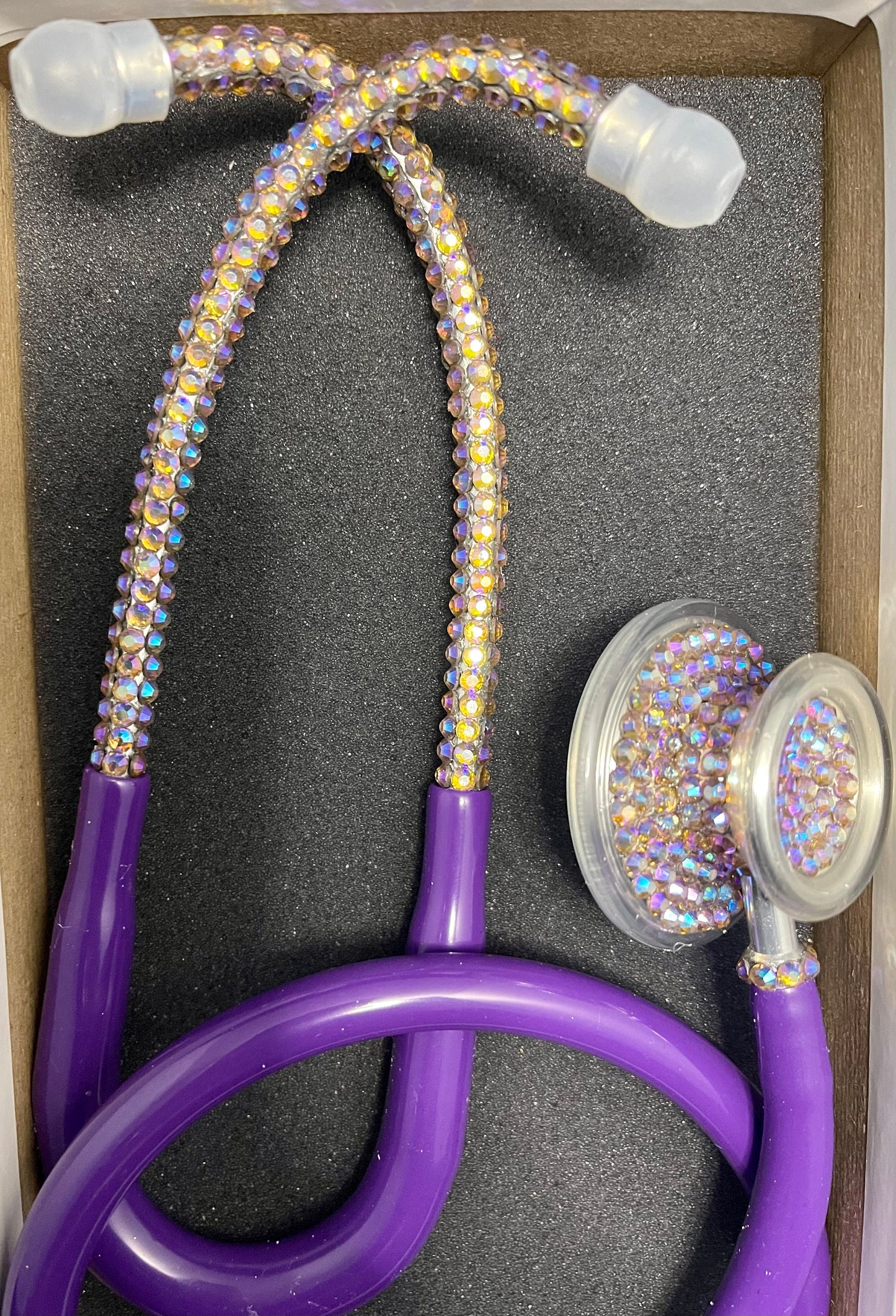Endless Beauty MDF  Instruments Acoustica Stethoscope, Purple Rain color tubing, individually placed Iridescent rhinestones on the chest piece and headset designed by Blingbykey.