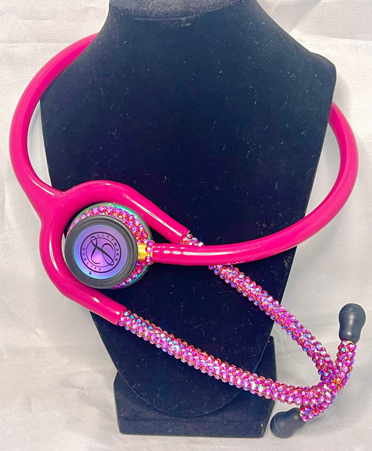 Custom 3M Littmann Classic III Raspberry Stethoscope handcrafted with iridescent rhinestones on the rainbow finish.