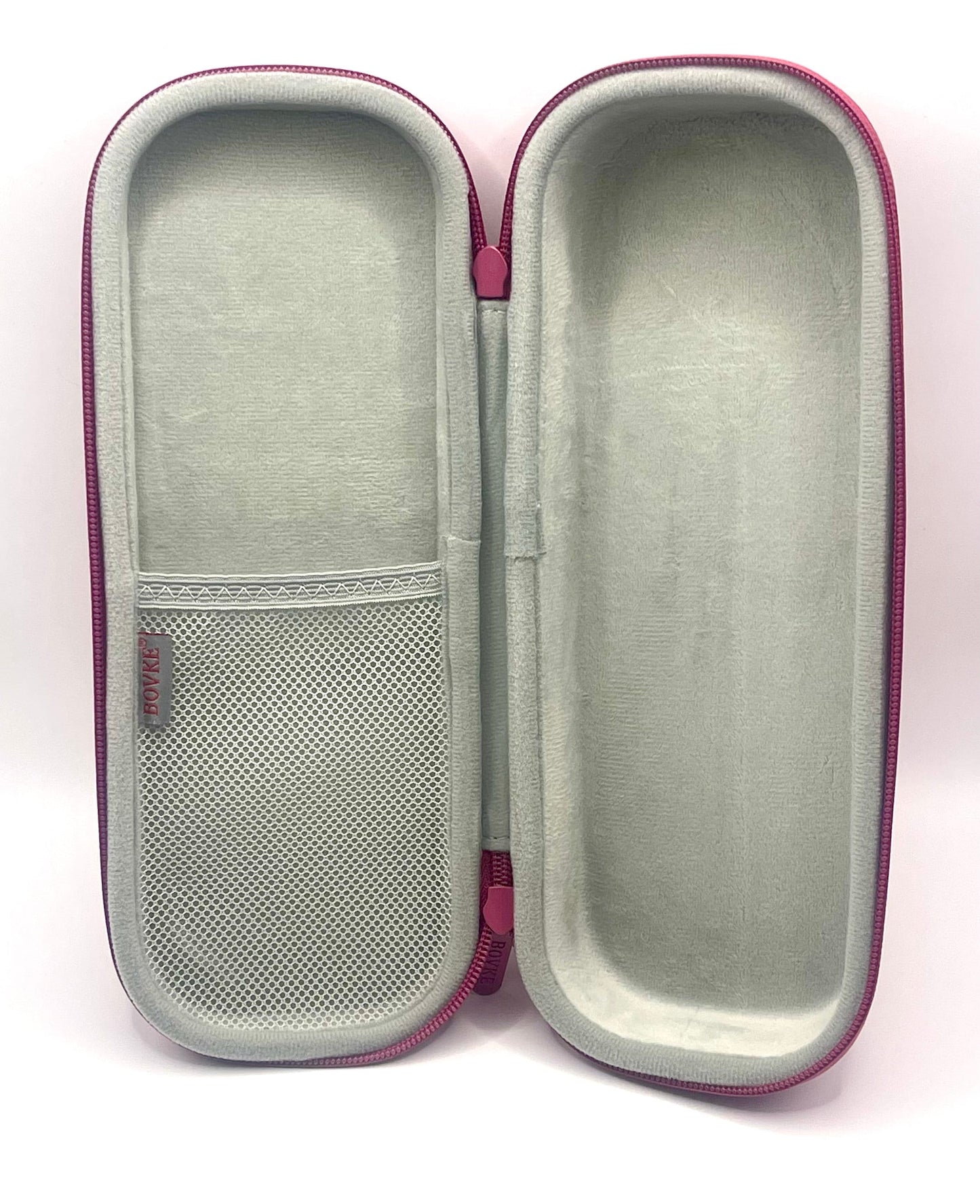 Stethoscope Case - Style A (Side Pocket) Open pink carrying case with a gray soft interior lining. The case has a zipper closure and a mesh pocket on the inside.
