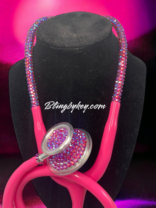 Cotton Candy MDF  Instruments Acoustica Stethoscope, Think Pink color tubing, individually placed Iridescent rhinestones on the chest piece and headset designed by Blingbykey. See other listings for matching custom protection hard case.