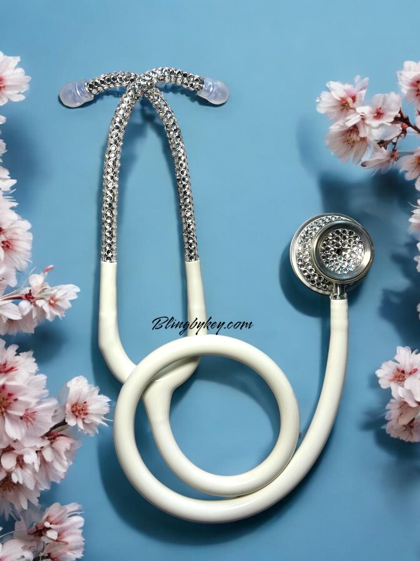 Compassionate White Bling Stethoscope, Rhinestones, elegance, handcrafted, Stethoscope Case
