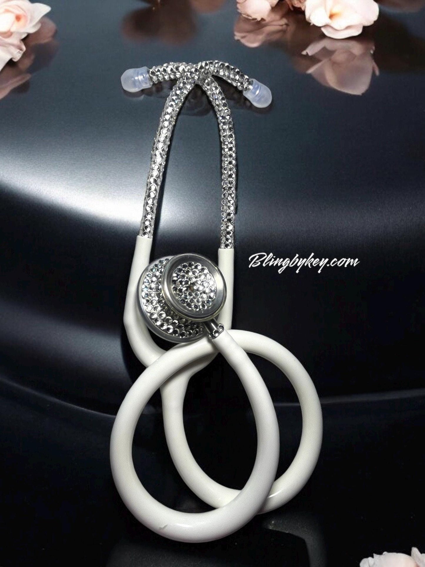 Compassionate White Bling Stethoscope, Rhinestones, elegance, handcrafted, Stethoscope Case