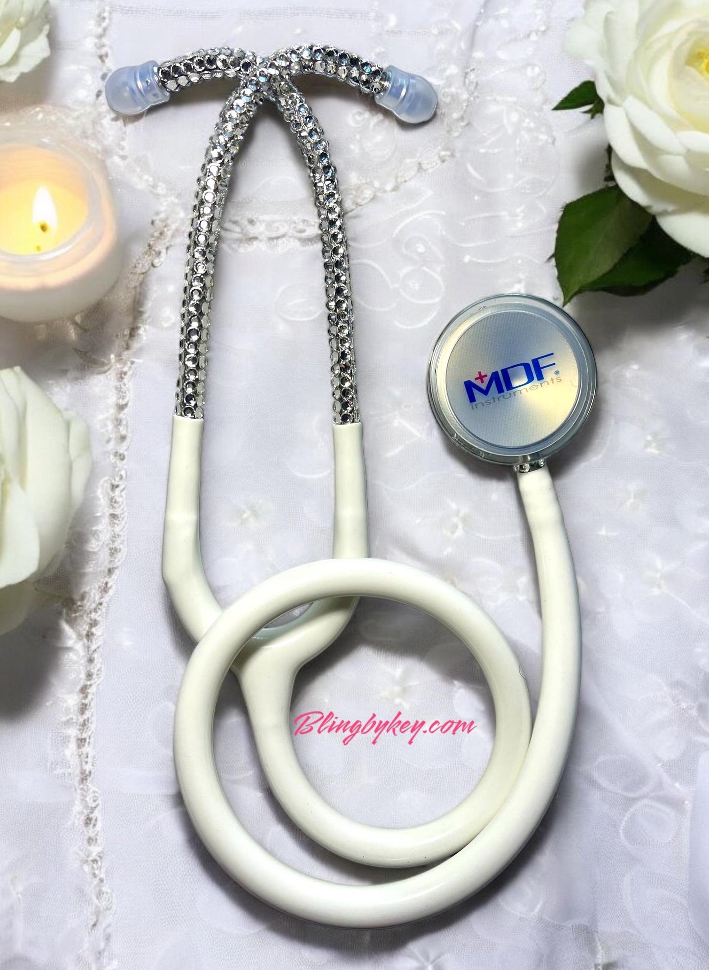 Compassionate White Bling Stethoscope, Rhinestones, elegance, handcrafted, Stethoscope Case