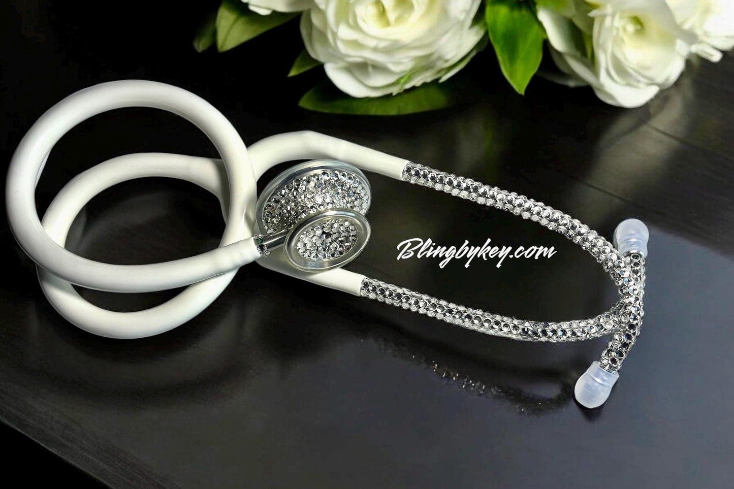 Compassionate White Bling Stethoscope, Rhinestones, elegance, handcrafted, Stethoscope Case