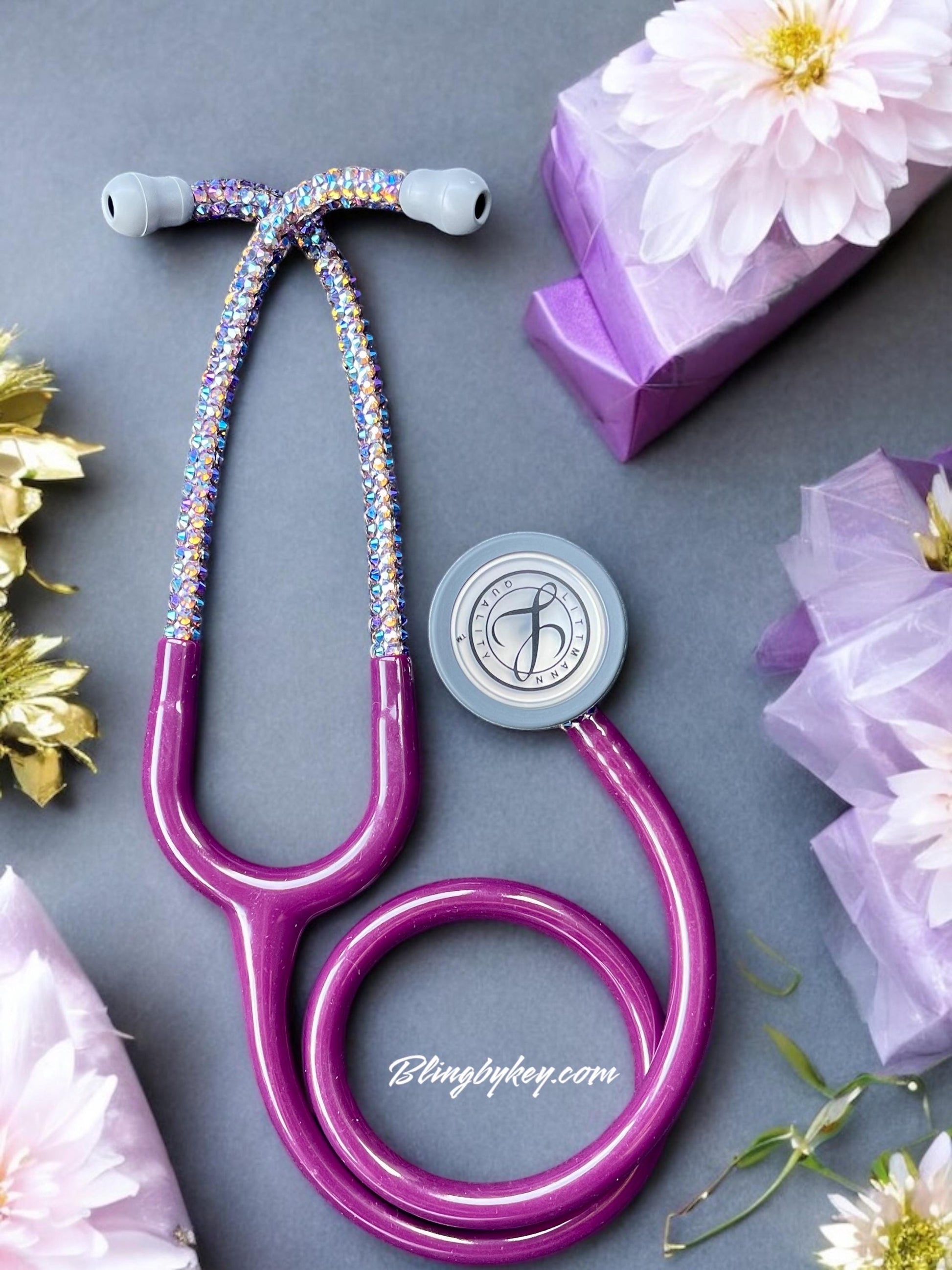 Endless Beauty Littmann Classic III Stethoscope, Plum color tubing, individually placed Iridescent rhinestones on the chest piece and headset designed by Blingbykey.