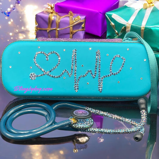 Be the Light Littmann Classic III Stethoscope, Rainbow Finish, Caribbean Blue color tubing, individually placed Crystal AB on the chest piece and headset, with matching  protection hard case and personalized name in shimmering purple font.