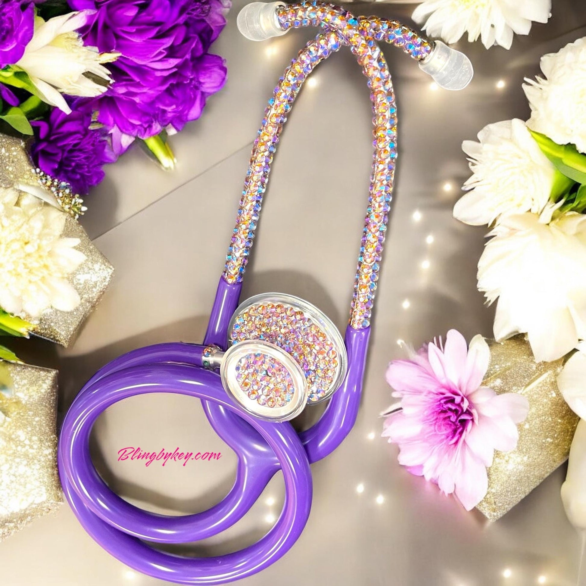 Endless Beauty MDF  Instruments Acoustica Stethoscope, Purple Rain color tubing, individually placed Iridescent rhinestones on the chest piece and headset designed by Blingbykey.