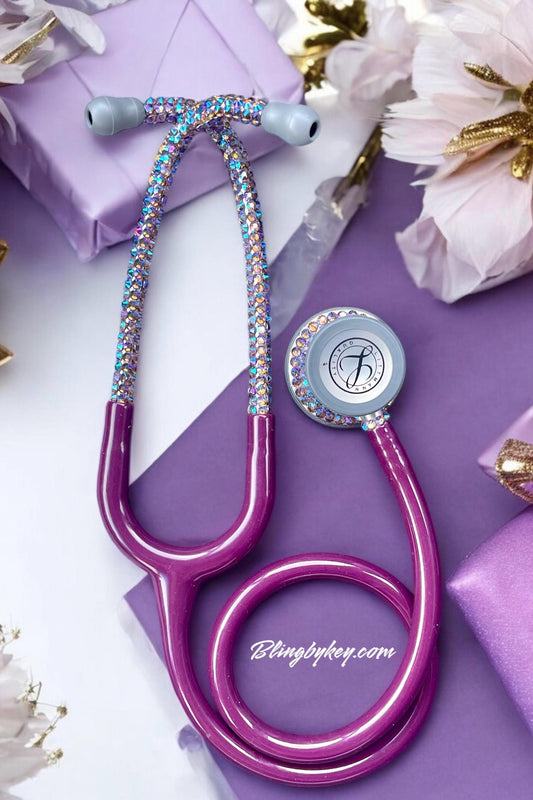 Endless Beauty Littmann Classic III Stethoscope, Plum color tubing, individually placed Iridescent rhinestones on the chest piece and headset designed by Blingbykey.