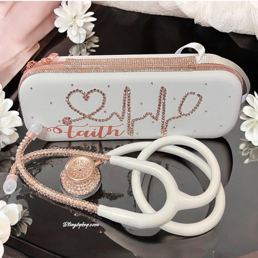 Introducing the MDF Acoustica Stethoscope, featuring an elegant design with pristine white tubing and the exclusive Rose Gold Edition. This distinguished model boasts a sophisticated matte finish, beautifully embellished with meticulously hand-placed pink maxima crystals, merging aesthetic appeal with professional functionality. Additionally, an optional personalized bling stethoscope case is available to ensure your medical device is both protected and stylish.