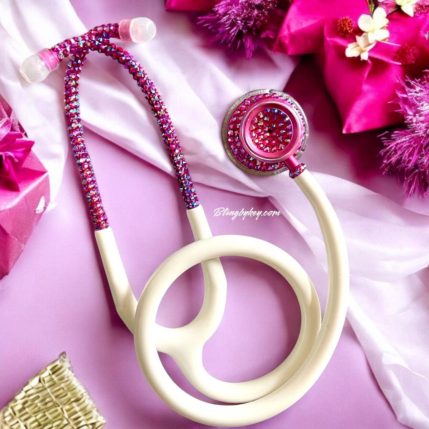Bling Stethoscope Bundle – White MDF Acoustica with AB Rhinestones + Glitter Case | Nurse Gift Set, Custom Medical Accessory| Blingbykey