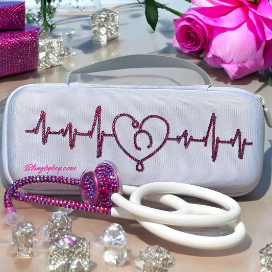 Bling Stethoscope Bundle – White MDF Acoustica with AB Rhinestones + Glitter Case | Nurse Gift Set, Custom Medical Accessory| Blingbykey