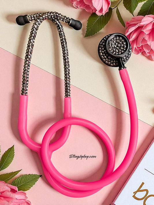 Bedazzled Hot Pink Stethoscope: Sparkling Black Rhinestone, Prestige Medical -Graduation Nurse Gift, Handcrafted by Blingbykey