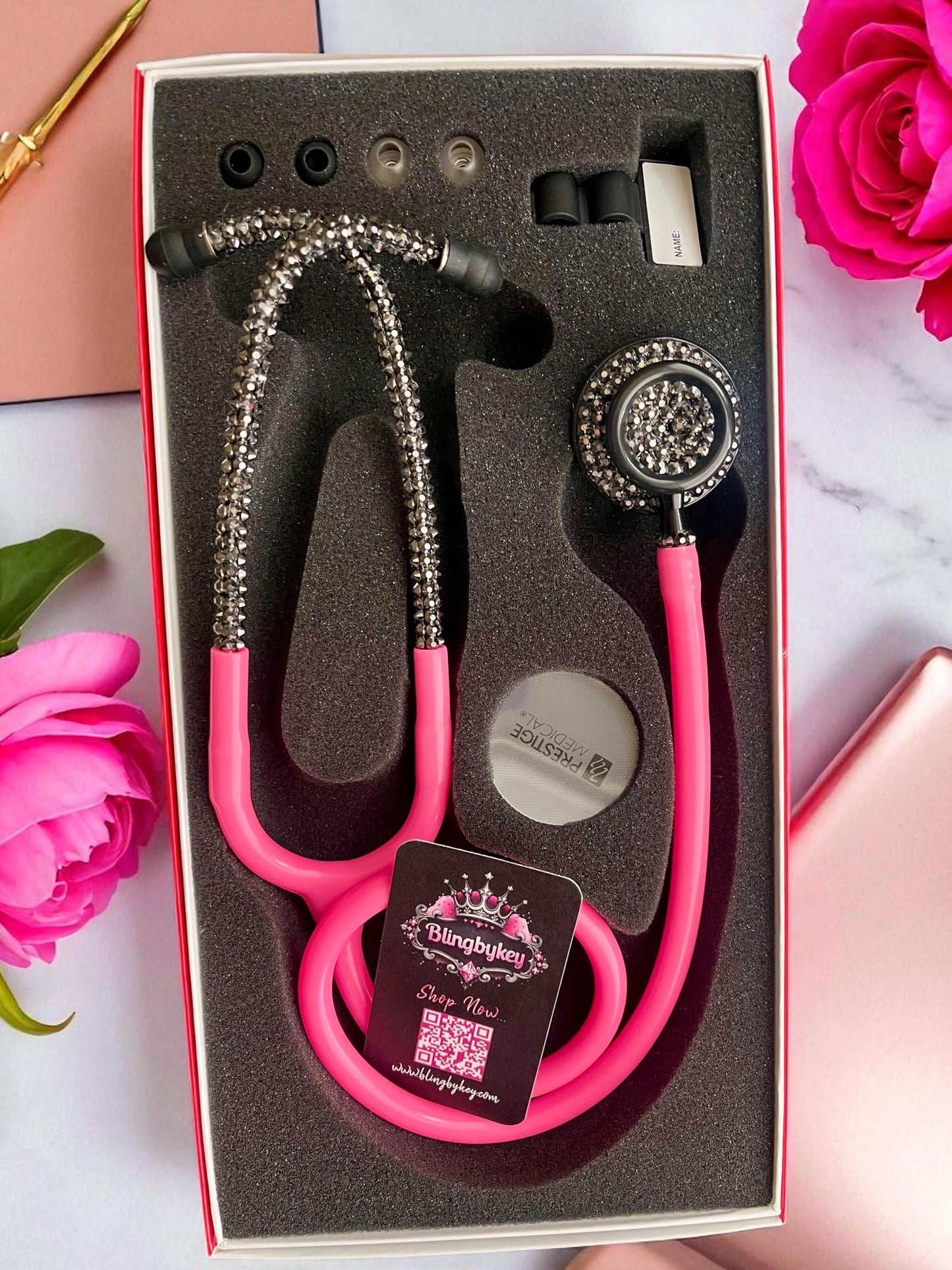 Bedazzled Hot Pink Stethoscope: Sparkling Black Rhinestone, Prestige Medical -Graduation Nurse Gift, Handcrafted by Blingbykey