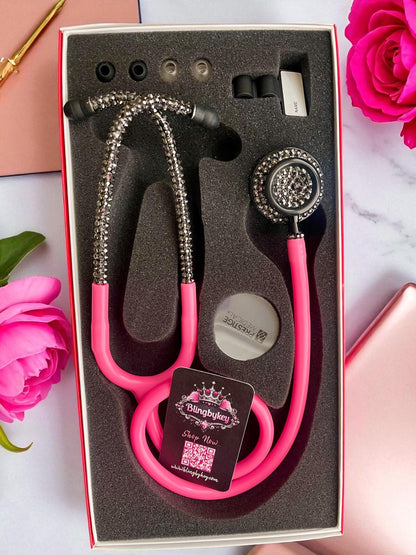 Bedazzled Hot Pink Stethoscope: Sparkling Black Rhinestone, Prestige Medical -Graduation Nurse Gift, Handcrafted by Blingbykey