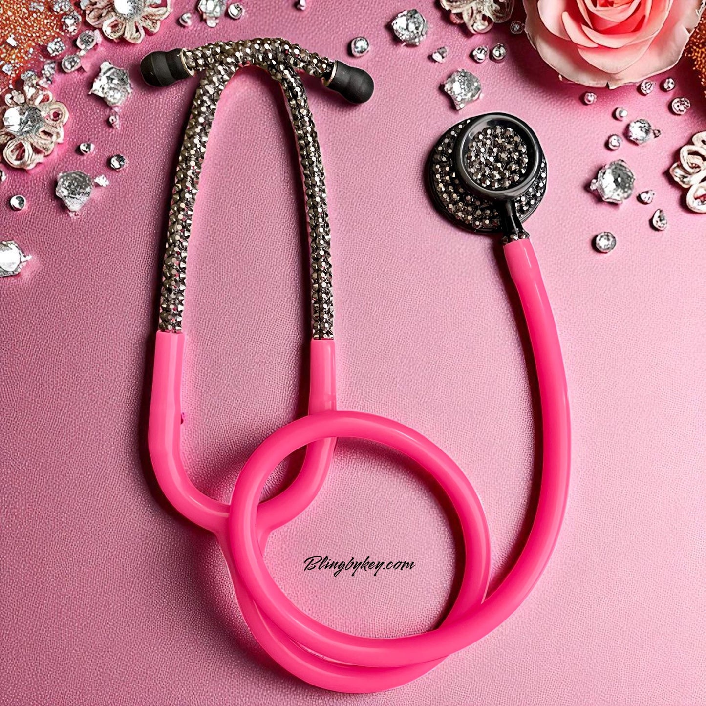 Bedazzled Hot Pink Stethoscope: Sparkling Black Rhinestone, Prestige Medical -Graduation Nurse Gift, Handcrafted by Blingbykey