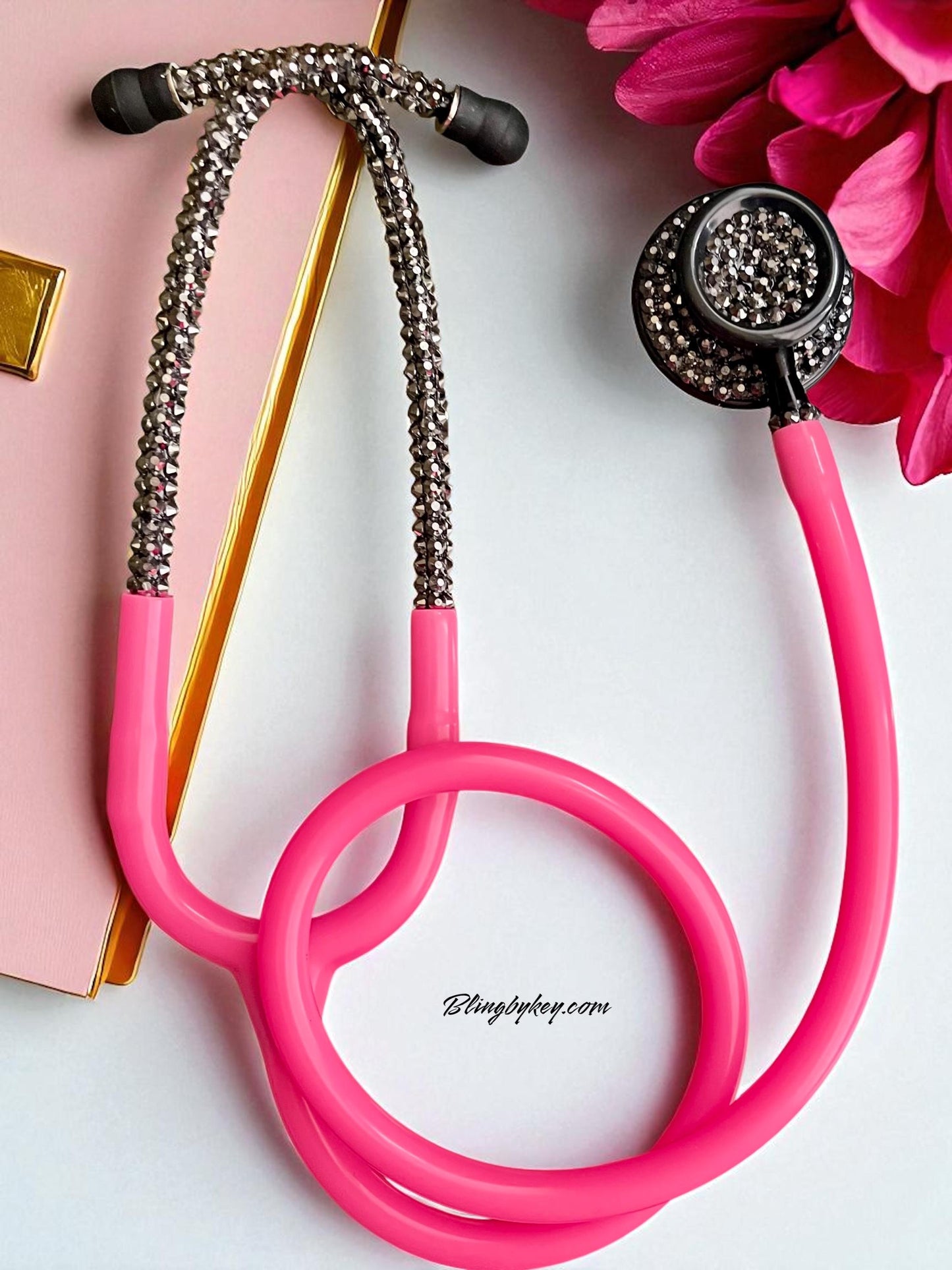 Bedazzled Hot Pink Stethoscope: Sparkling Black Rhinestone, Prestige Medical -Graduation Nurse Gift, Handcrafted by Blingbykey