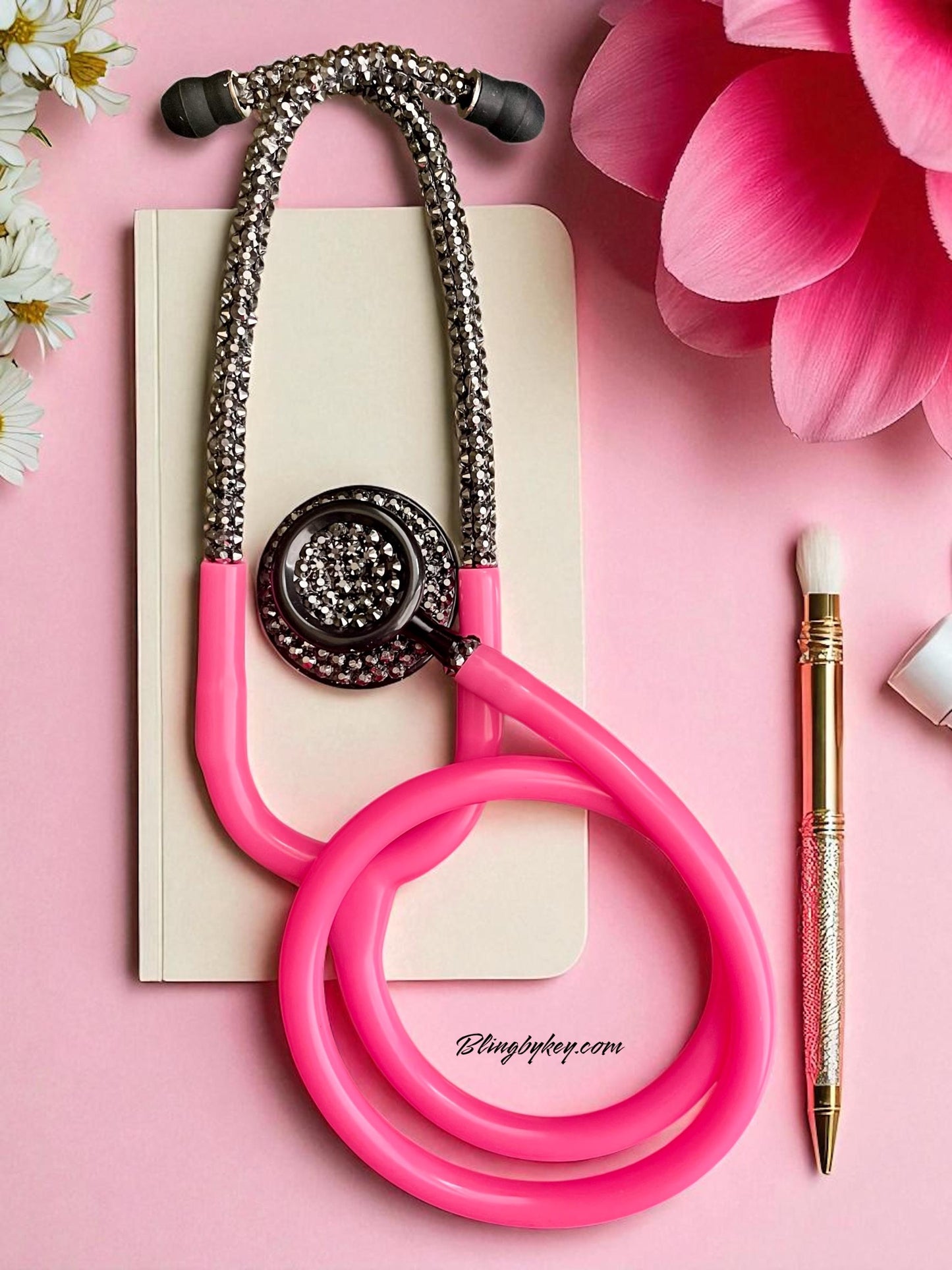 Bedazzled Hot Pink Stethoscope: Sparkling Black Rhinestone, Prestige Medical -Graduation Nurse Gift, Handcrafted by Blingbykey