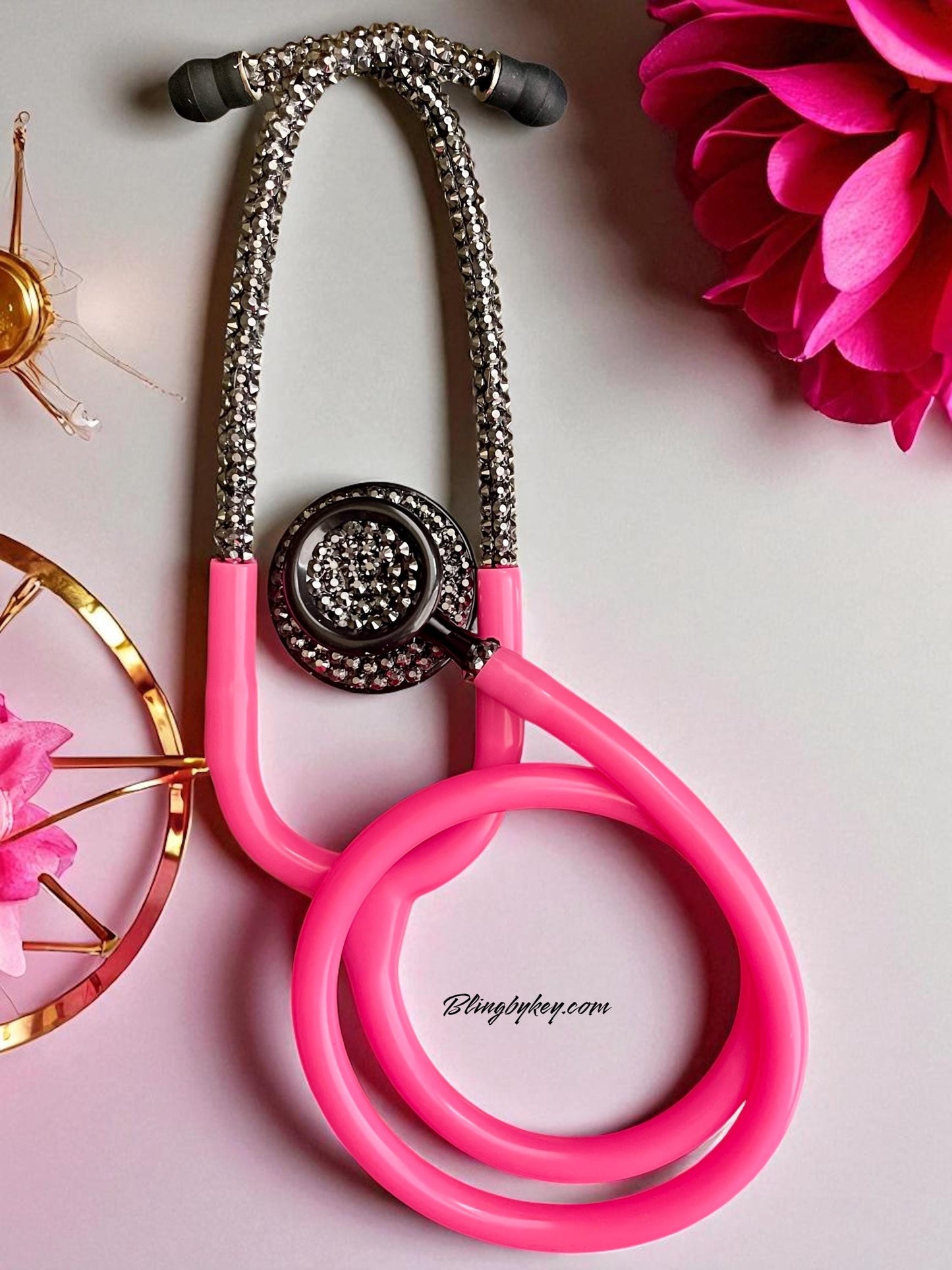 Bedazzled Hot Pink Stethoscope: Sparkling Black Rhinestone, Prestige Medical -Graduation Nurse Gift, Handcrafted by Blingbykey