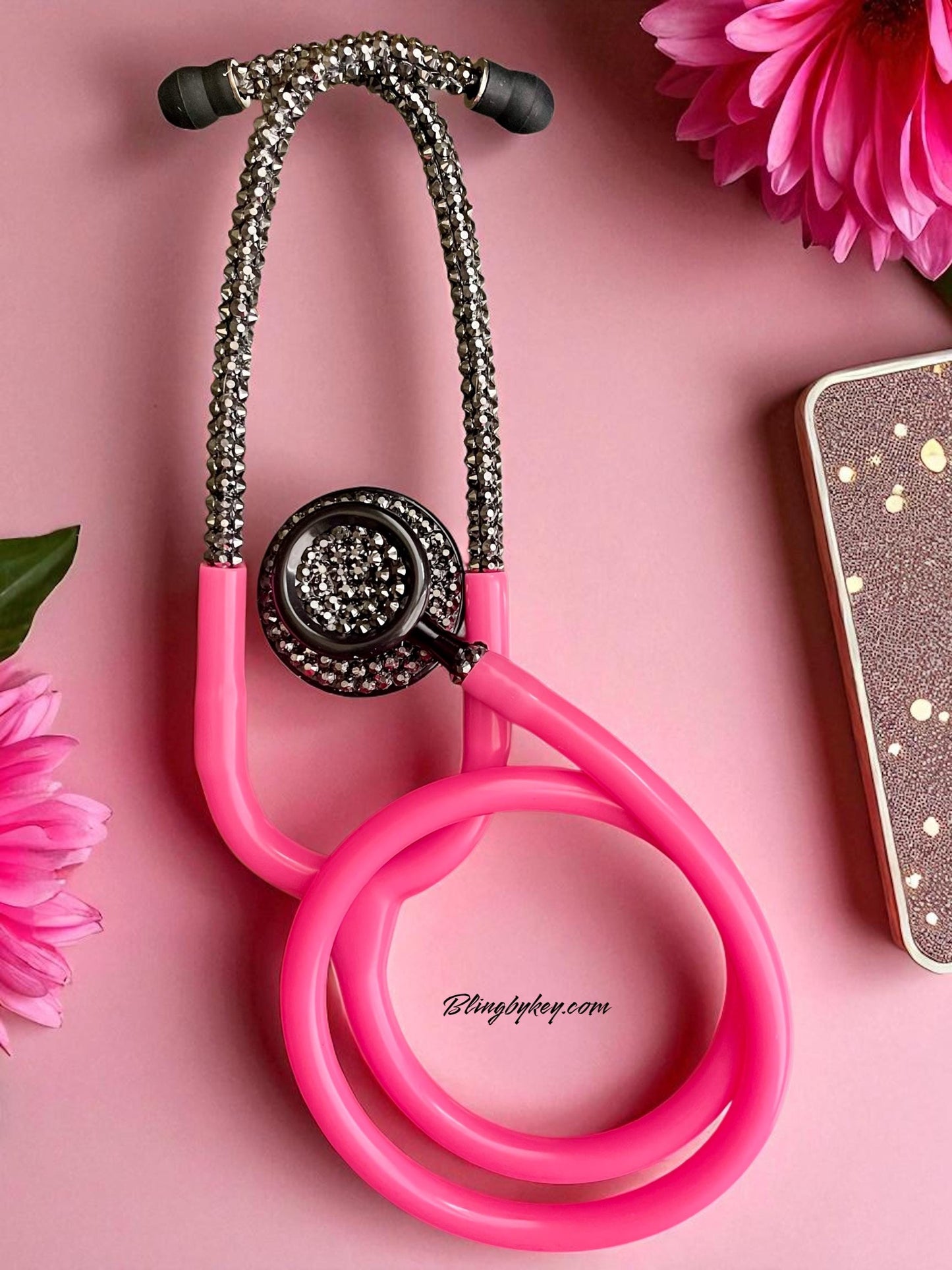 Bedazzled Hot Pink Stethoscope: Sparkling Black Rhinestone, Prestige Medical -Graduation Nurse Gift, Handcrafted by Blingbykey
