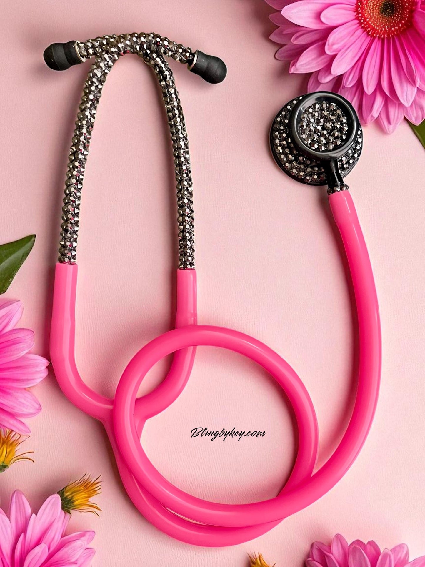 Bedazzled Hot Pink Stethoscope: Sparkling Black Rhinestone, Prestige Medical -Graduation Nurse Gift, Handcrafted by Blingbykey