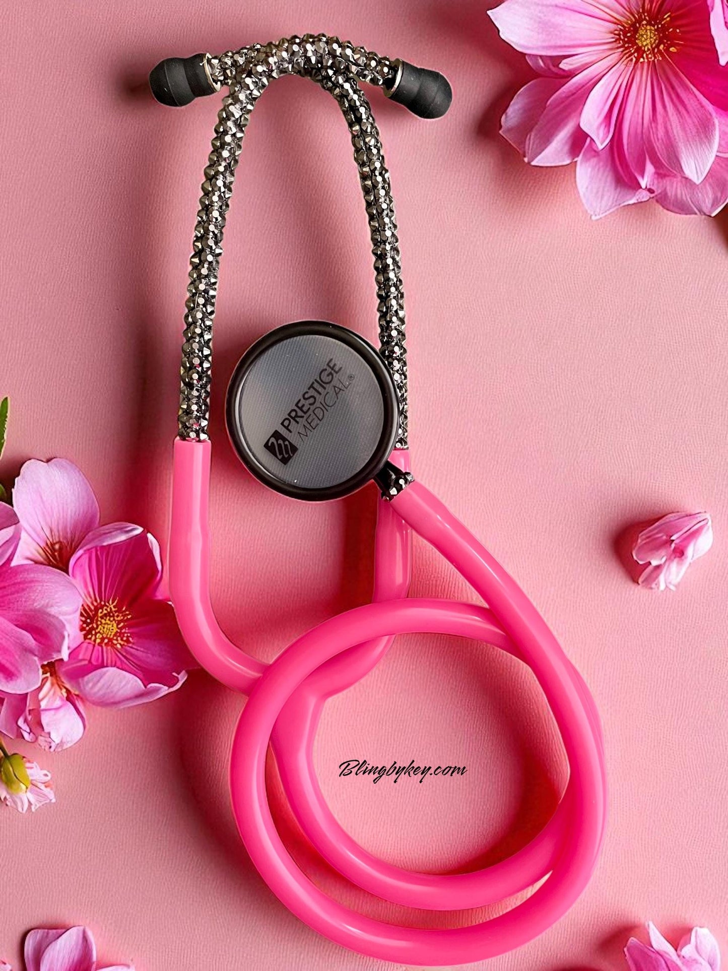 Bedazzled Hot Pink Stethoscope: Sparkling Black Rhinestone, Prestige Medical -Graduation Nurse Gift, Handcrafted by Blingbykey