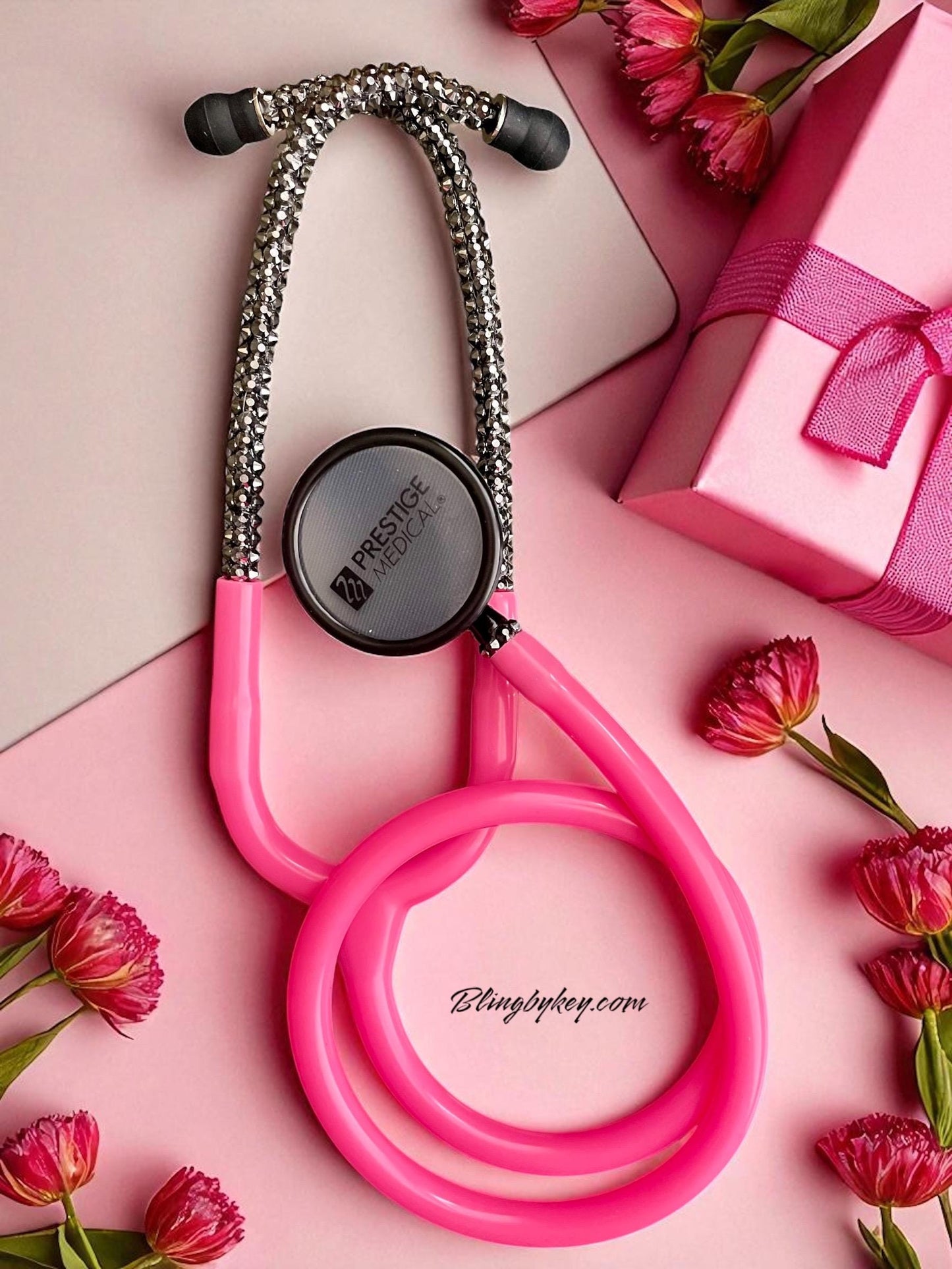 Bedazzled Hot Pink Stethoscope: Sparkling Black Rhinestone, Prestige Medical -Graduation Nurse Gift, Handcrafted by Blingbykey