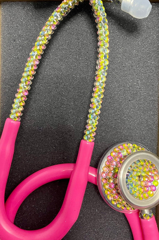 Unicorn Magic | Bling Stethoscope | Neon Pink | Rainbow Iridescent Rhinestone | Stethoscope Case | Handmade Gift - Office & School Supplies - Bling Stethoscopes - BlingbyKey